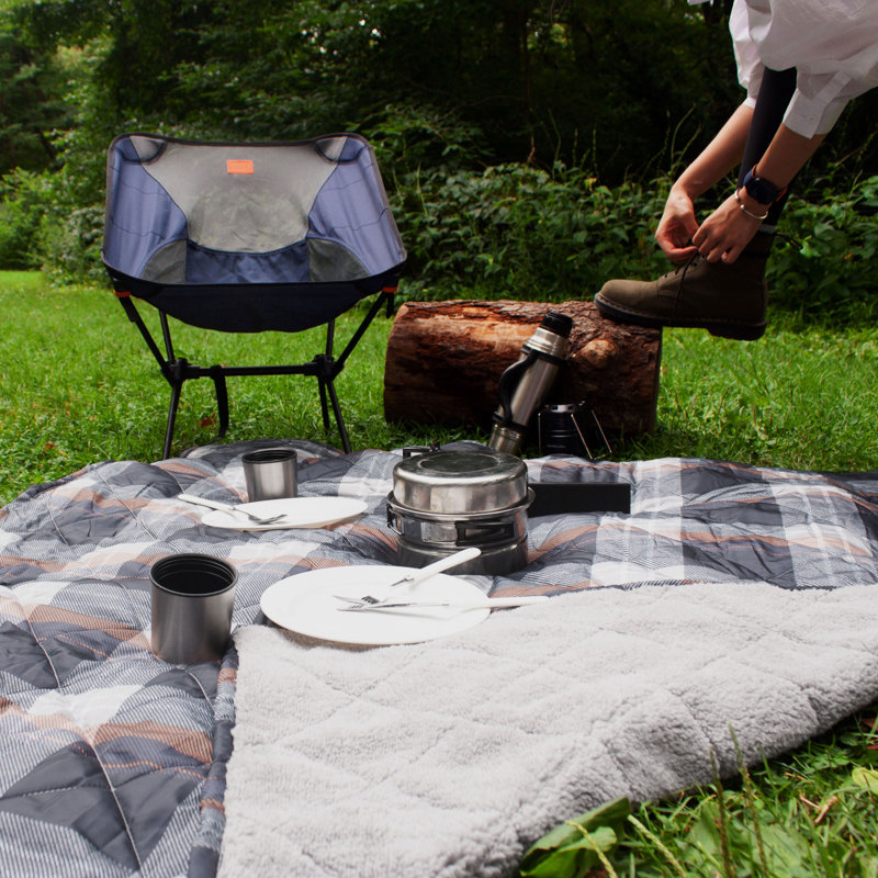 Coleman Reversible Water Resistant Nylon and Sherpa Diamond Quilted Indoor Outdoor Throw Picnic Blanket Blue Black Grey